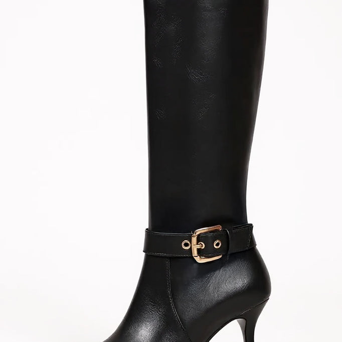 Women's Black Knee-High Boots - Pointed Toe & Stiletto Heel with Buckle