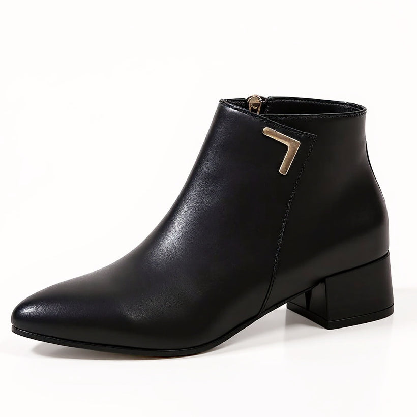 Women's Black Ankle Boots - Pointed Toe Block Heel