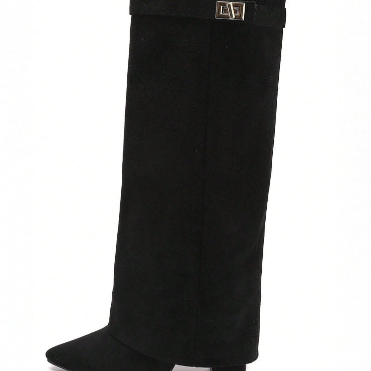 Women's Fold-Over Knee-High Boots - Pointed Toe & Block Heel