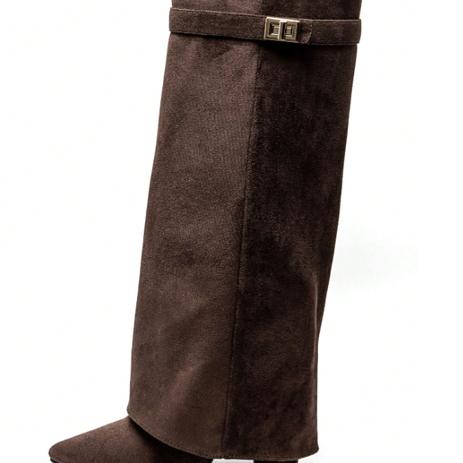 Women's Fold-Over Knee-High Boots - Pointed Toe & Block Heel