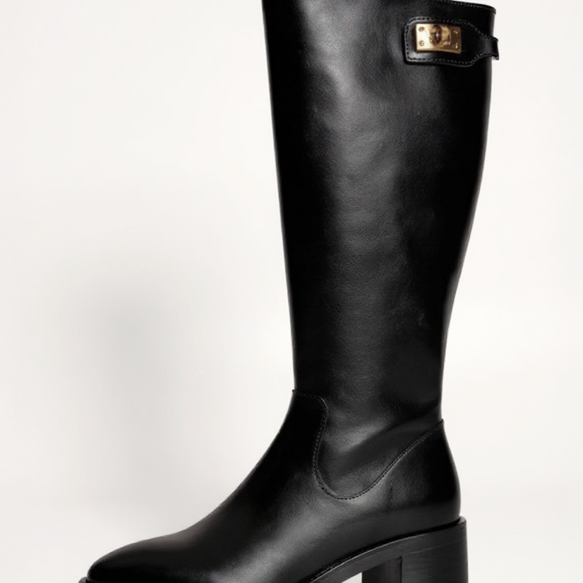 Women's Knee-High Boots - Low Block Heel & Round Toe with Gold Buckle