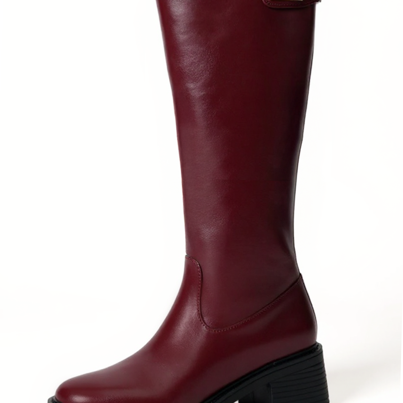 Women's Knee-High Boots - Low Block Heel & Round Toe with Gold Buckle