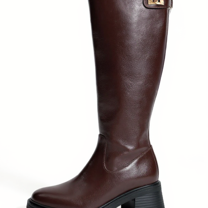 Women's Knee-High Boots - Low Block Heel & Round Toe with Gold Buckle