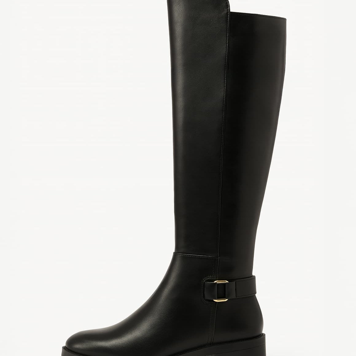 Women's Black Knee-High Boots - Low Block Heel & Round Toe with Buckle
