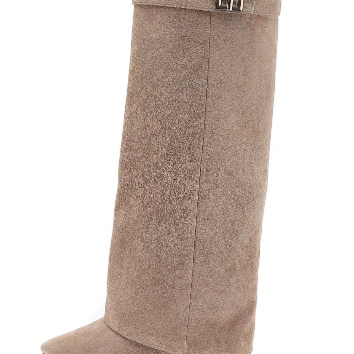 Women's Fold-Over Knee-High Boots - Pointed Toe & Block Heel