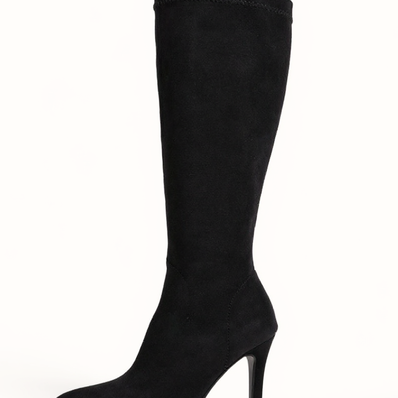 Women's Black Stretchy Mid-Calf Boots - Pointed Toe & Stiletto Heel