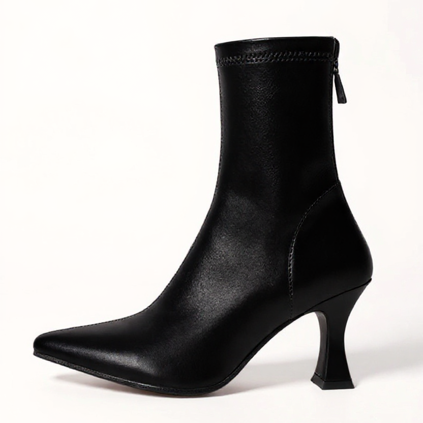 Women's Stretchy Ankle Boots - Pointed Toe & Sculptural Heel with Back Zipper
