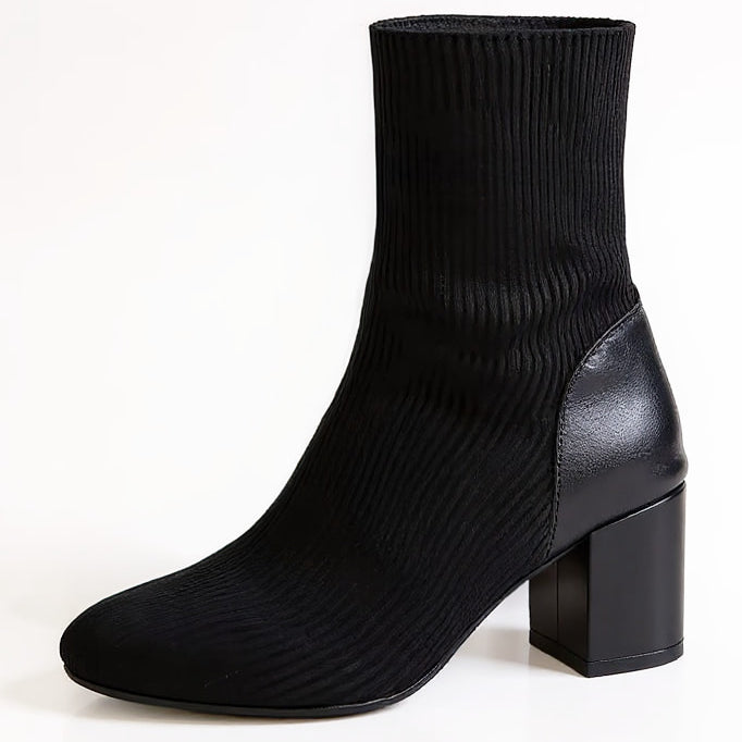 Women's Black Knit Ankle Boots - Pointed Toe & Chunky Block Heel